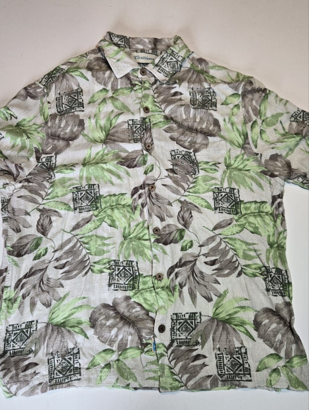 Caribbean Tropical Print Camp Shirt in Green and Gray